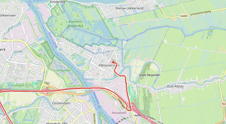 Kaart van de omgeving van de melding, met de kazerne die is gealarmeerd