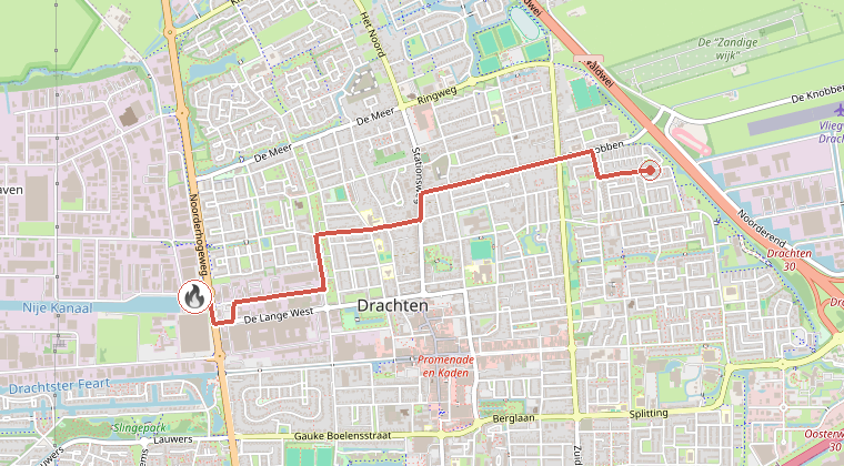 Kaart van de omgeving van de melding, met de kazerne die is gealarmeerd