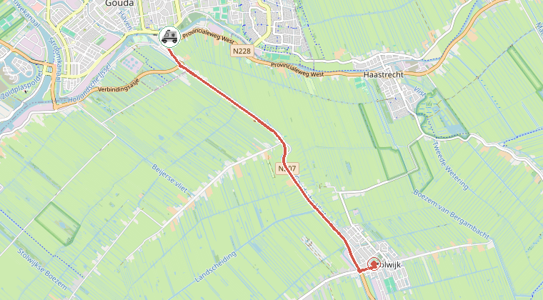 Kaart van de omgeving van de melding, met de kazerne die is gealarmeerd