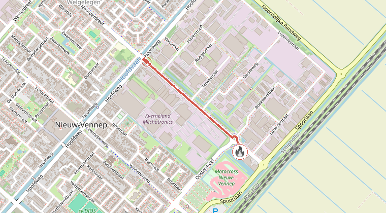 Kaart van de omgeving van de melding, met de kazerne die is gealarmeerd