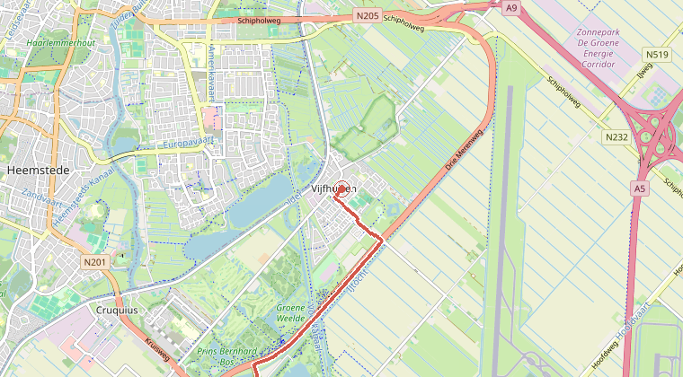Kaart van de omgeving van de melding, met de kazerne die is gealarmeerd