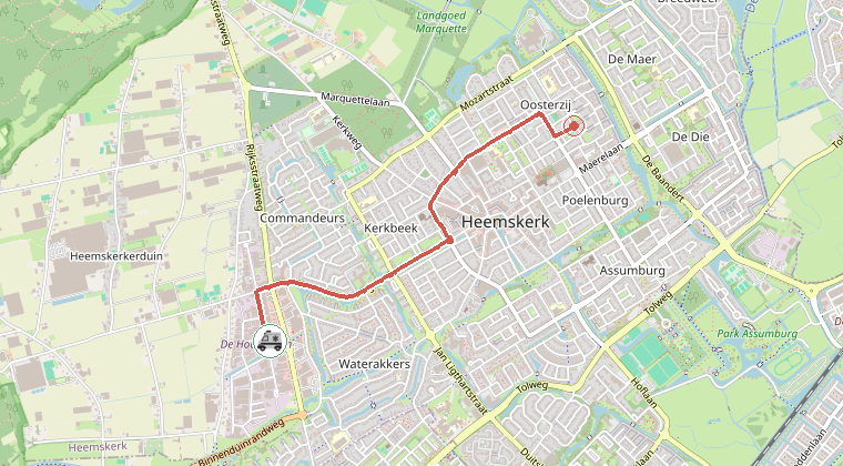 Kaart van de omgeving van de melding, met de kazerne die is gealarmeerd