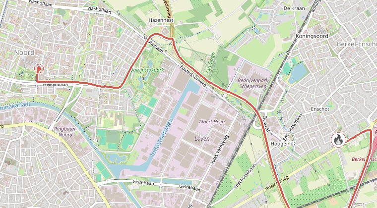 Kaart van de omgeving van de melding, met de kazerne die is gealarmeerd