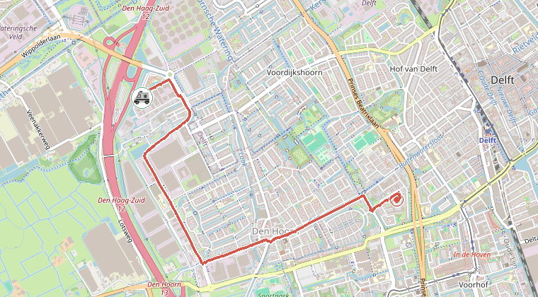 Kaart van de omgeving van de melding, met de kazerne die is gealarmeerd