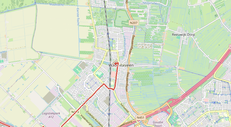 Kaart van de omgeving van de melding, met de kazerne die is gealarmeerd