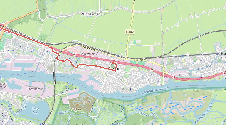 Kaart van de omgeving van de melding, met de kazerne die is gealarmeerd