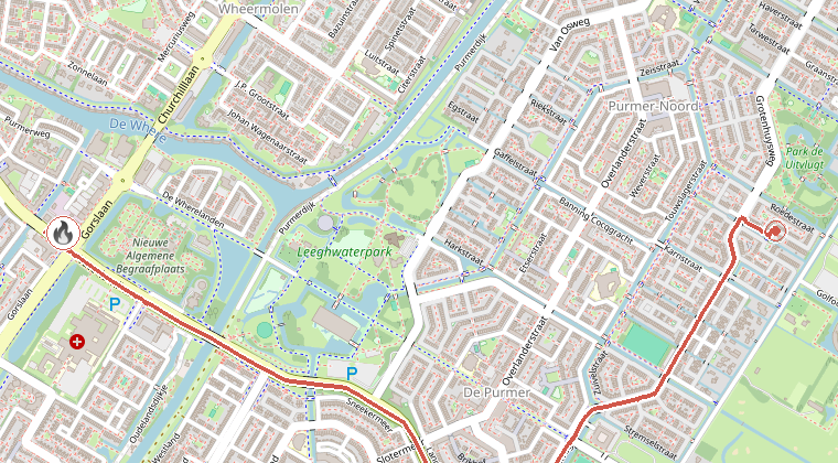 Kaart van de omgeving van de melding, met de kazerne die is gealarmeerd