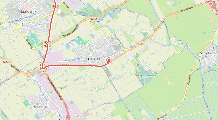 Kaart van de omgeving van de melding, met de kazerne die is gealarmeerd
