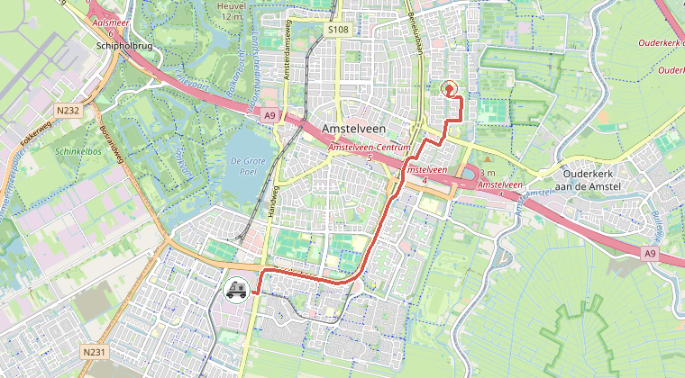 Kaart van de omgeving van de melding, met de kazerne die is gealarmeerd