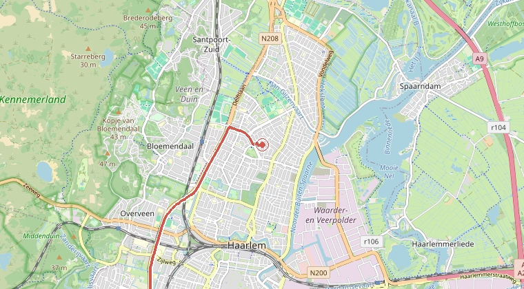 Kaart van de omgeving van de melding, met de kazerne die is gealarmeerd