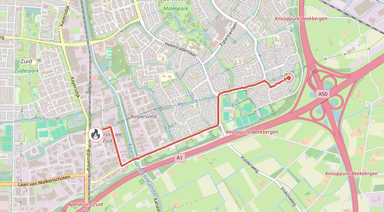 Kaart van de omgeving van de melding, met de kazerne die is gealarmeerd