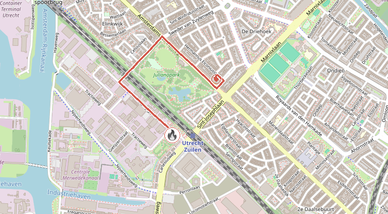 Kaart van de omgeving van de melding, met de kazerne die is gealarmeerd