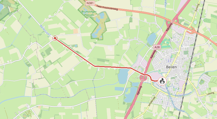 Kaart van de omgeving van de melding, met de kazerne die is gealarmeerd