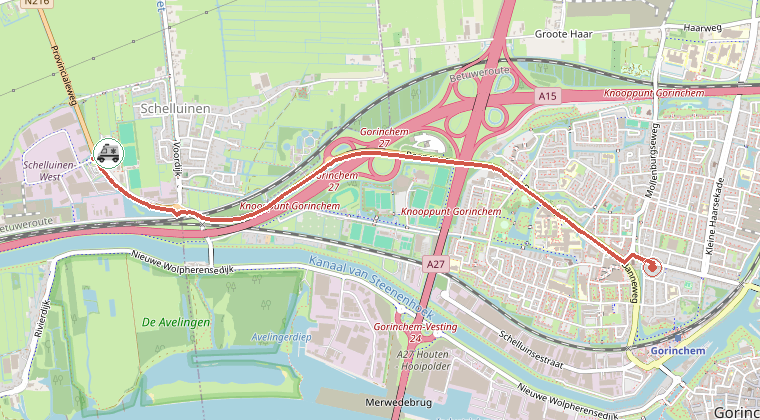 Kaart van de omgeving van de melding, met de kazerne die is gealarmeerd
