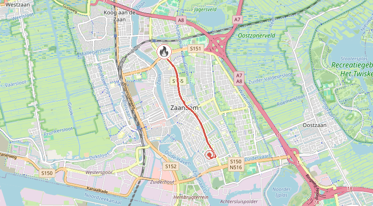 Kaart van de omgeving van de melding, met de kazerne die is gealarmeerd