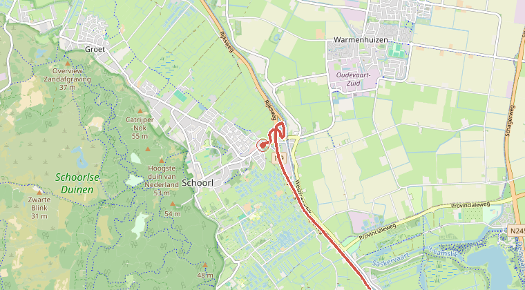 Kaart van de omgeving van de melding, met de kazerne die is gealarmeerd