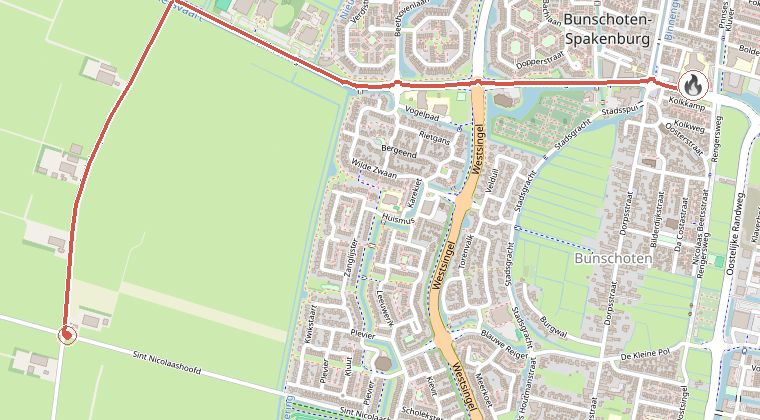 Kaart van de omgeving van de melding, met de kazerne die is gealarmeerd