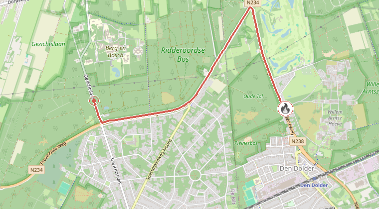Kaart van de omgeving van de melding, met de kazerne die is gealarmeerd