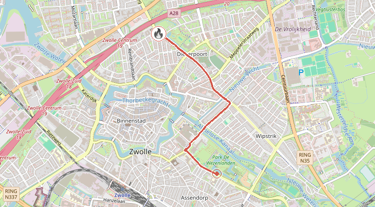 Kaart van de omgeving van de melding, met de kazerne die is gealarmeerd