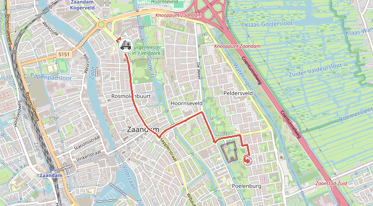 Kaart van de omgeving van de melding, met de kazerne die is gealarmeerd