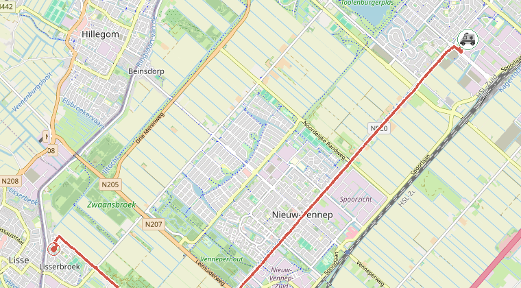 Kaart van de omgeving van de melding, met de kazerne die is gealarmeerd