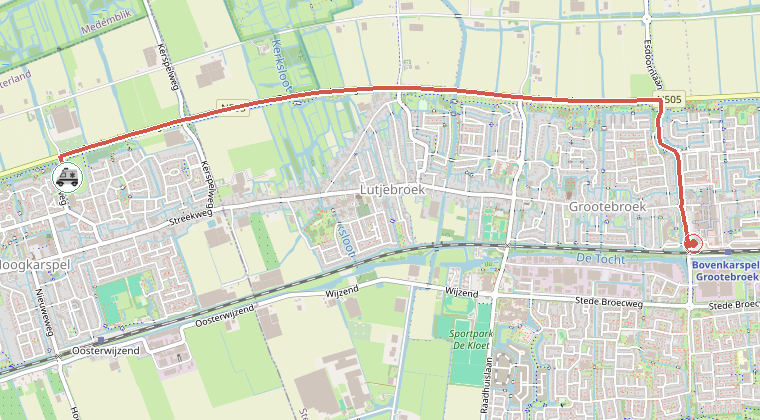 Kaart van de omgeving van de melding, met de kazerne die is gealarmeerd