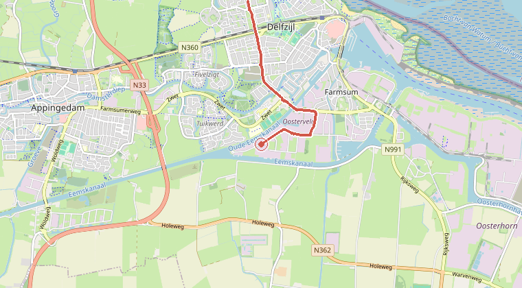 Kaart van de omgeving van de melding, met de kazerne die is gealarmeerd