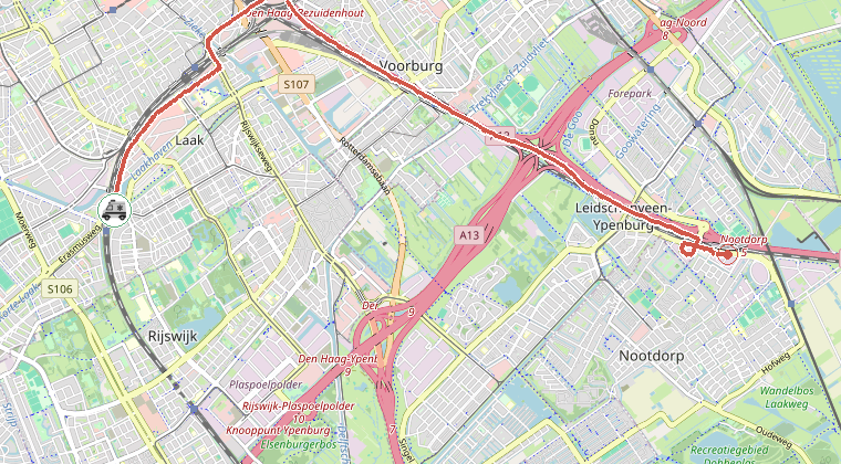 Kaart van de omgeving van de melding, met de kazerne die is gealarmeerd