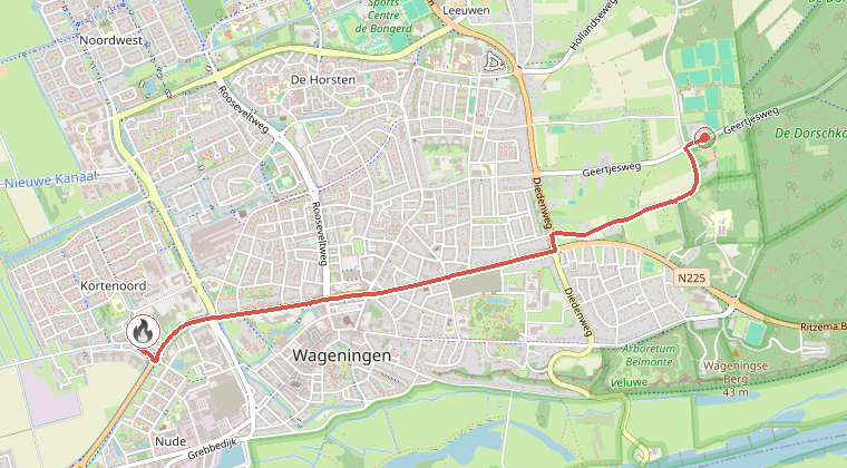 Kaart van de omgeving van de melding, met de kazerne die is gealarmeerd