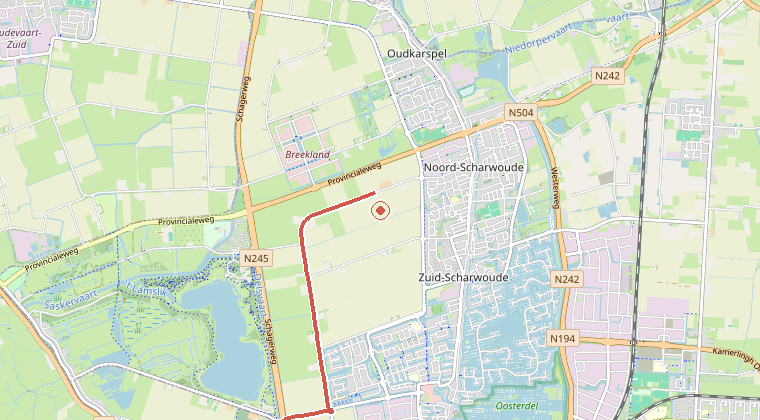Kaart van de omgeving van de melding, met de kazerne die is gealarmeerd