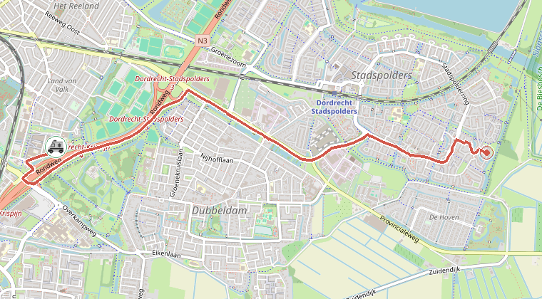 Kaart van de omgeving van de melding, met de kazerne die is gealarmeerd