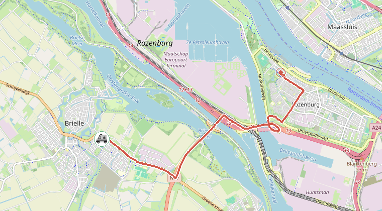 Kaart van de omgeving van de melding, met de kazerne die is gealarmeerd