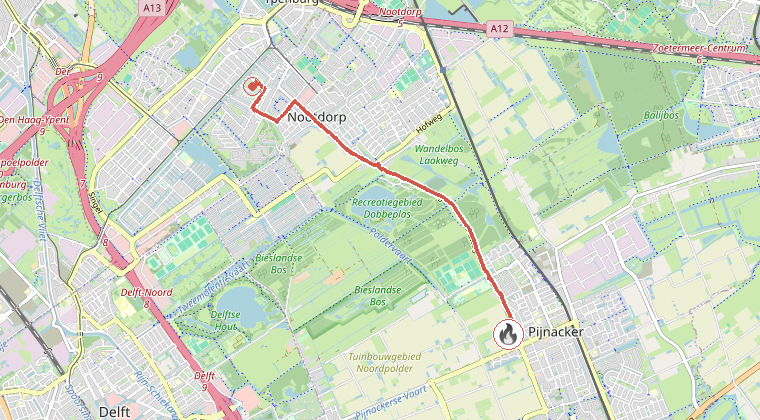 Kaart van de omgeving van de melding, met de kazerne die is gealarmeerd