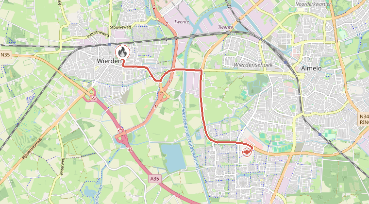 Kaart van de omgeving van de melding, met de kazerne die is gealarmeerd