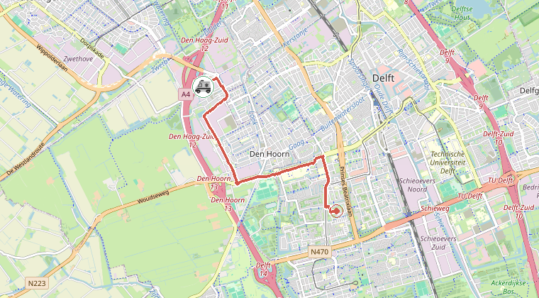 Kaart van de omgeving van de melding, met de kazerne die is gealarmeerd
