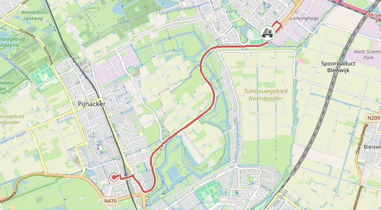 Kaart van de omgeving van de melding, met de kazerne die is gealarmeerd