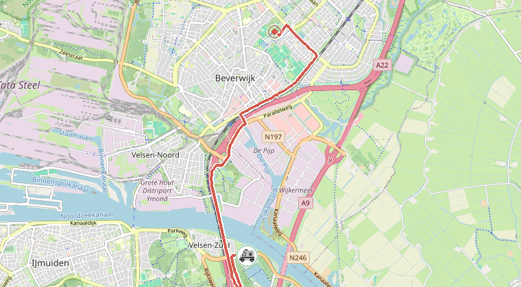 Kaart van de omgeving van de melding, met de kazerne die is gealarmeerd