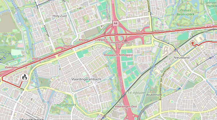 Kaart van de omgeving van de melding, met de kazerne die is gealarmeerd