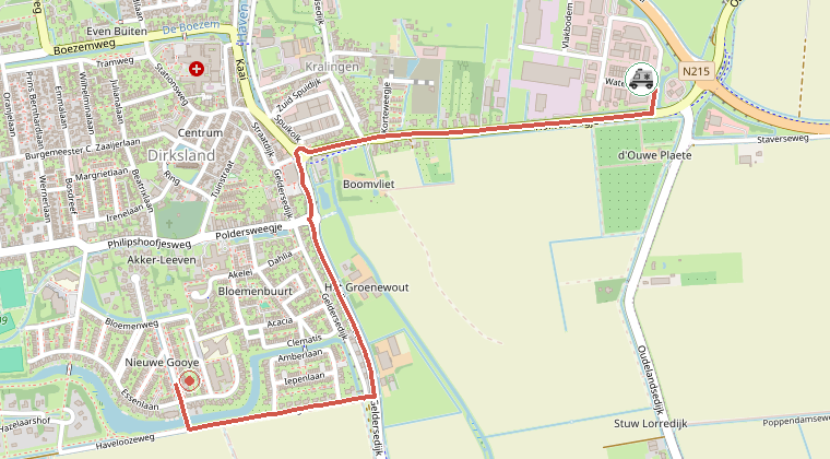 Kaart van de omgeving van de melding, met de kazerne die is gealarmeerd