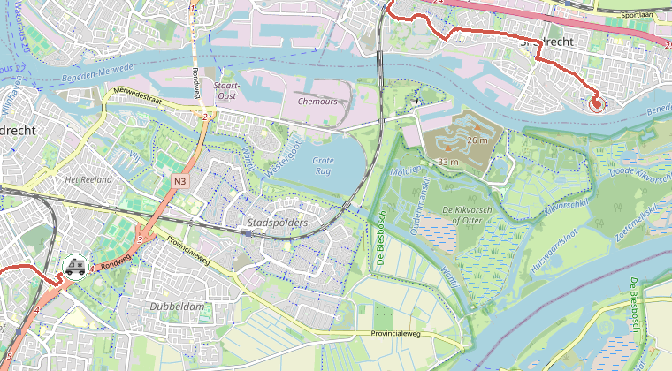 Kaart van de omgeving van de melding, met de kazerne die is gealarmeerd
