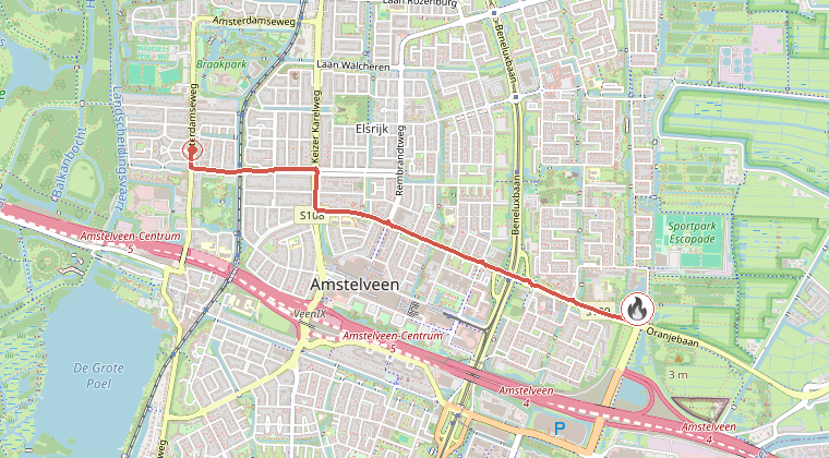 Kaart van de omgeving van de melding, met de kazerne die is gealarmeerd