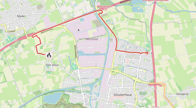 Kaart van de omgeving van de melding, met de kazerne die is gealarmeerd