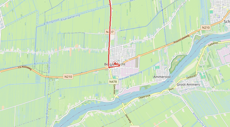 Kaart van de omgeving van de melding, met de kazerne die is gealarmeerd