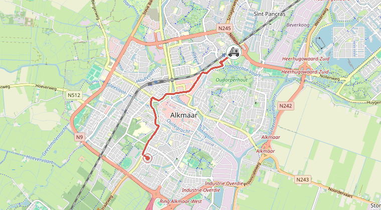Kaart van de omgeving van de melding, met de kazerne die is gealarmeerd