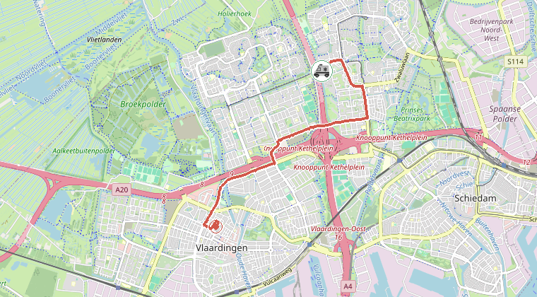 Kaart van de omgeving van de melding, met de kazerne die is gealarmeerd