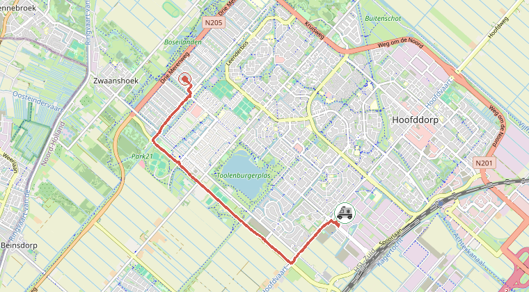 Kaart van de omgeving van de melding, met de kazerne die is gealarmeerd