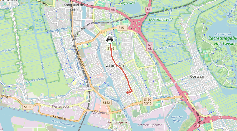 Kaart van de omgeving van de melding, met de kazerne die is gealarmeerd
