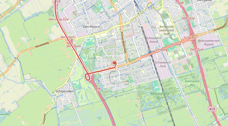 Kaart van de omgeving van de melding, met de kazerne die is gealarmeerd