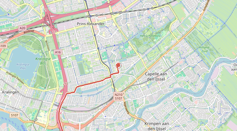 Kaart van de omgeving van de melding, met de kazerne die is gealarmeerd