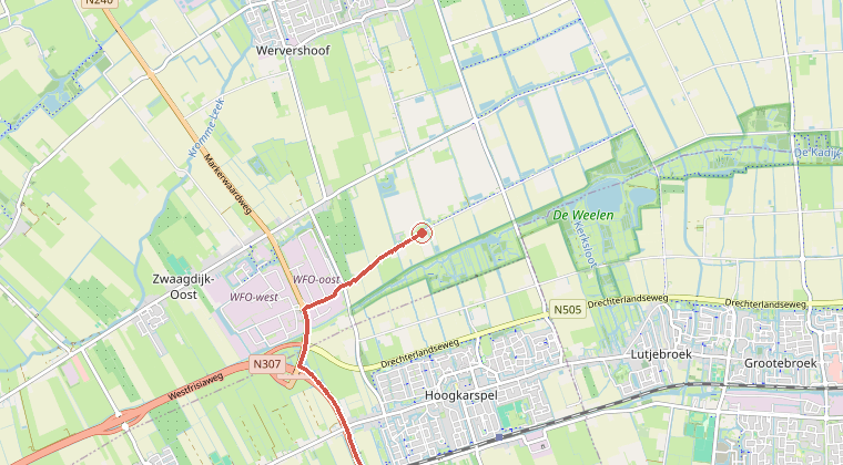 Kaart van de omgeving van de melding, met de kazerne die is gealarmeerd